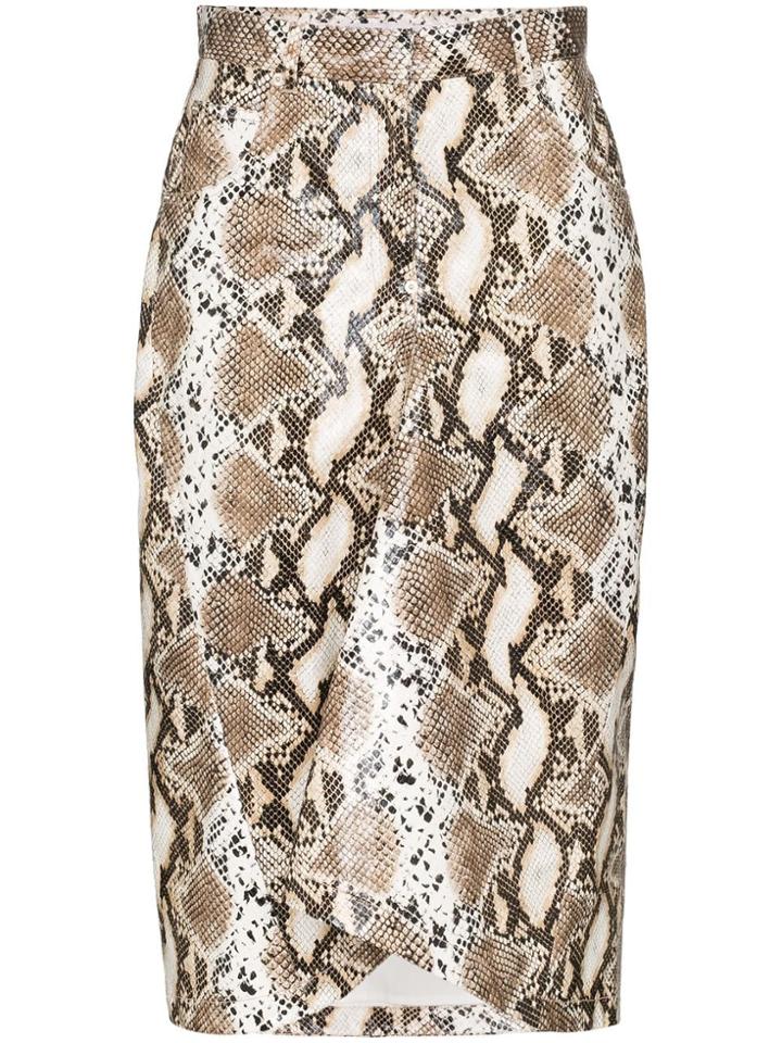 Pushbutton Python-print Pencil Skirt - Brown