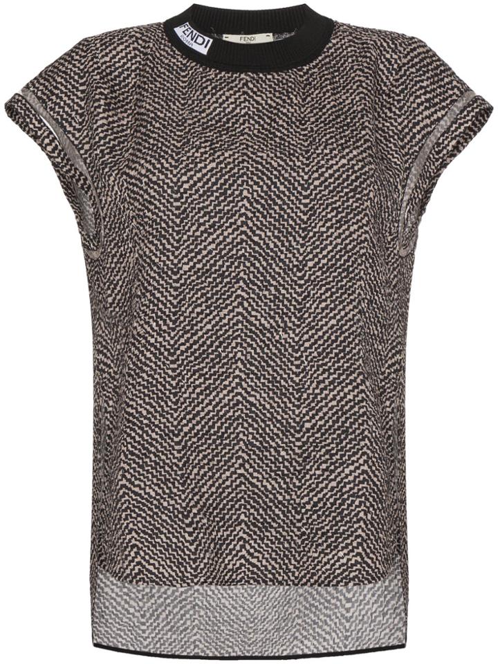 Fendi Shortsleeved Chevron Top With Logo On Neck - Black