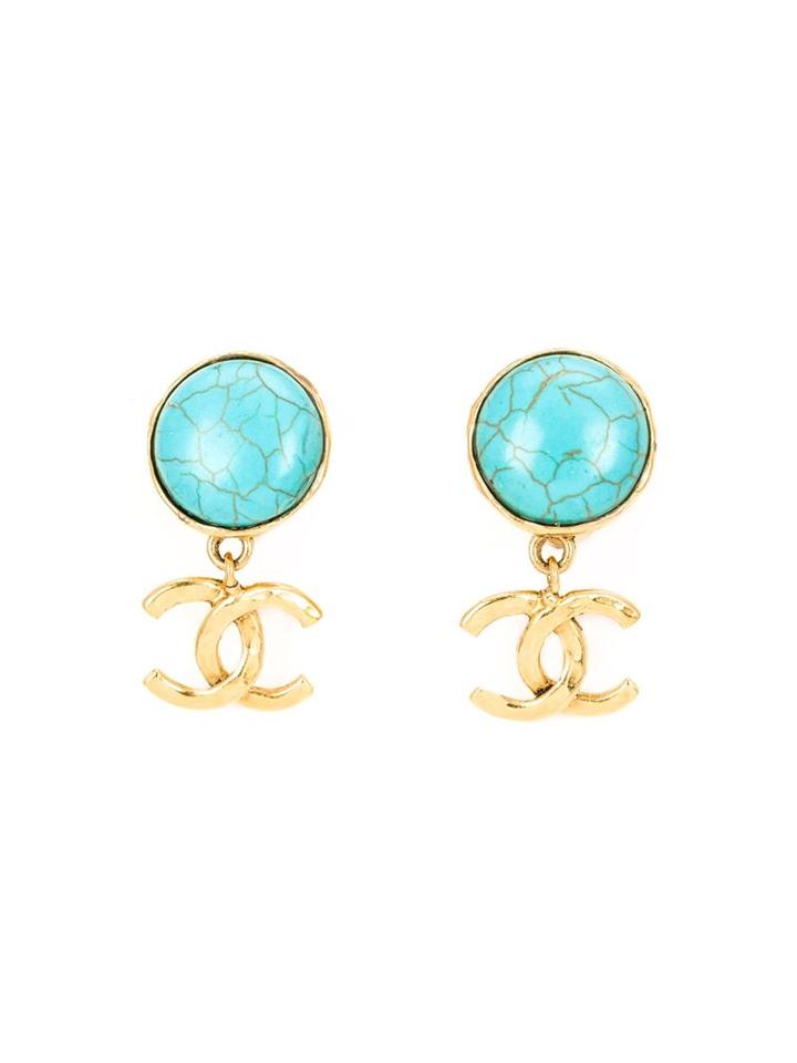Chanel Vintage Logo Pendant Earrings, Women's, Blue