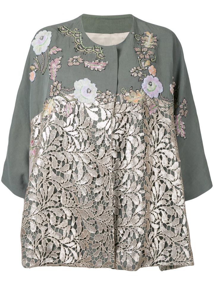 Antonio Marras - Lace Panel Jacket - Women - Linen/flax/polyester/lyocell - 48, Grey, Linen/flax/polyester/lyocell