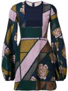 Roksanda Bell-sleeve Patchwork Dress, Women's, Size: 8, Blue, Silk/cotton/acrylic/wool