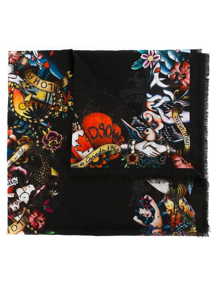 Dsquared2 Tattoo Motif Scarf, Men's, Black, Cotton