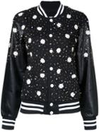 Night Market Floral Embellishment Bomber Jacket, Women's, Size: Medium, Black, Polyester/cotton