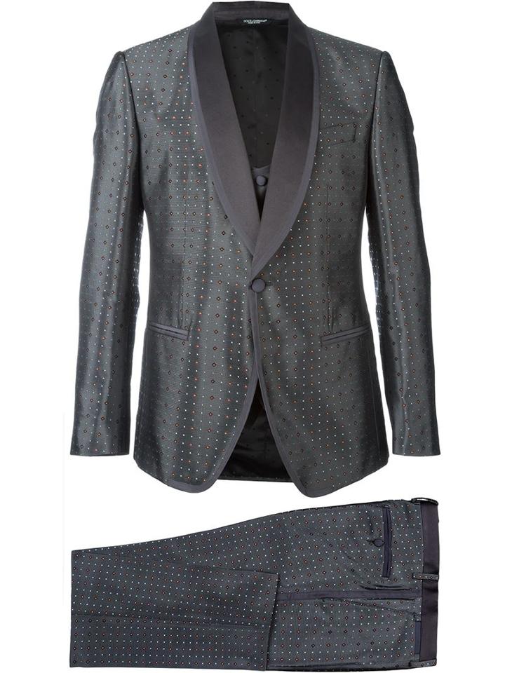 Dolce & Gabbana Patterned Three-piece Suit, Men's, Size: 48, Grey, Silk/polyester/viscose/acetate
