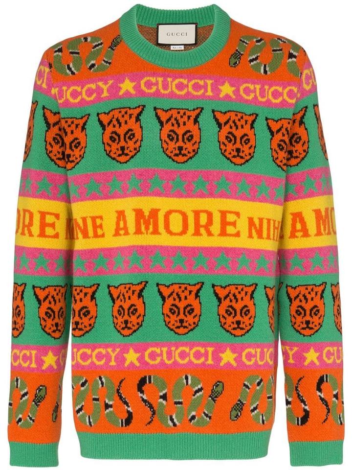 Gucci Tiger Snake Striped Wool Jumper - Orange