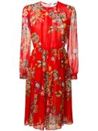Msgm Floral Print Midi Dress, Women's, Size: 46, Red, Silk/polyester
