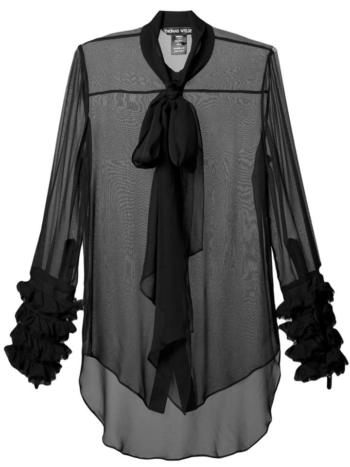 Thomas Wylde Ruffle Cuffed Sheer Shirt With Pussy Bow - Black