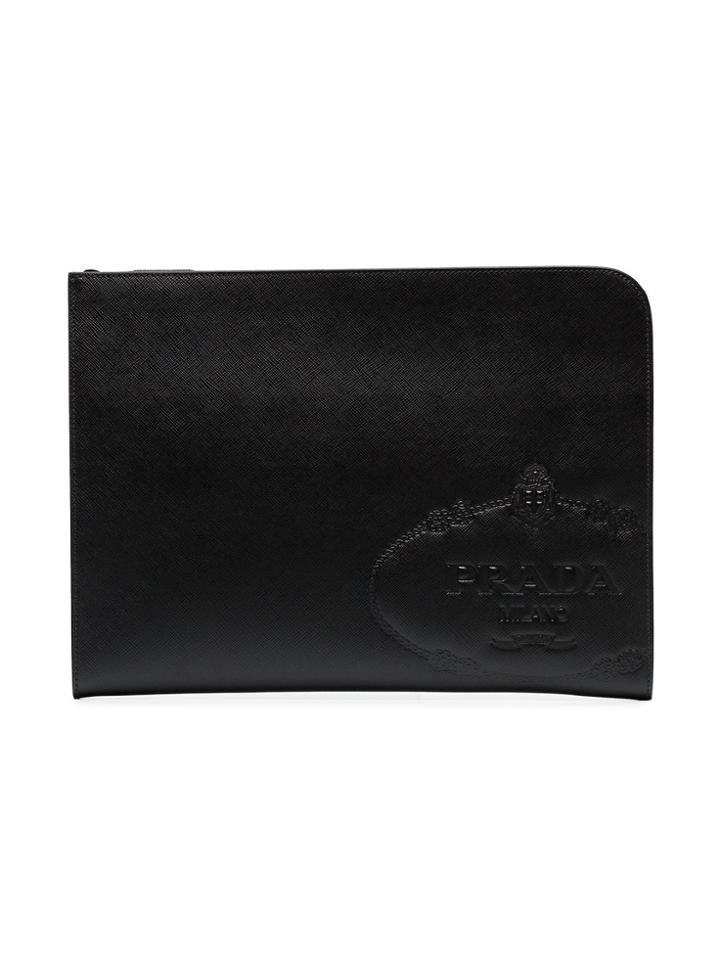 Prada Black Logo Embossed Leather Zipped Pouch