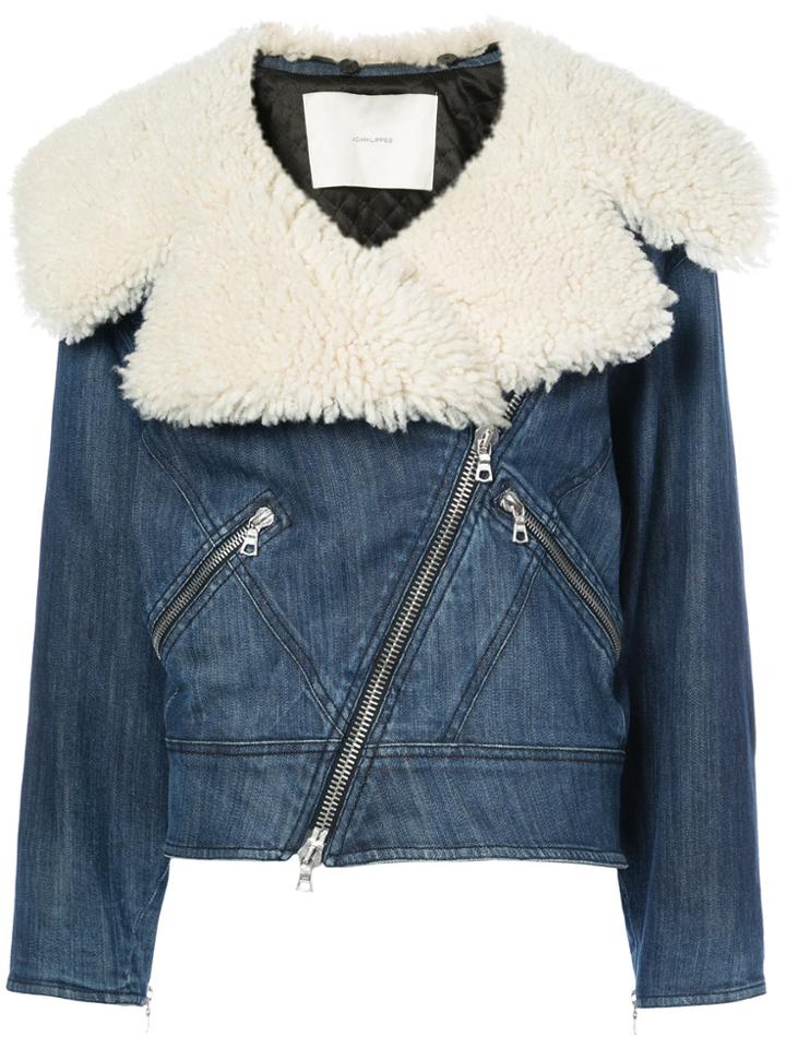 Adam Lippes Stretch Denim Moto Jacket With Shearling Collar -