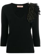 Twin-set Fringed-detail Fitted Sweater - Black
