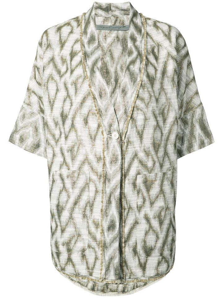 Raquel Allegra - Printed Shortsleeved Jacket - Women - Cotton - 2, White, Cotton
