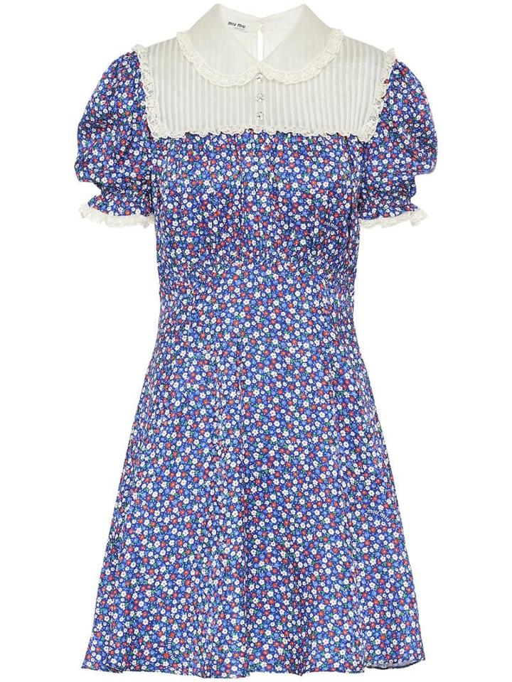 Miu Miu Lace-paneled Floral-print Satin Dress - Blue