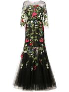 Oscar De La Renta Floral Embroidered Tulle Gown - Black