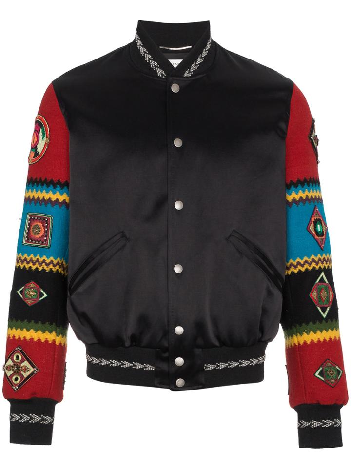 Saint Laurent Wool Varsity Jacket With Embroidered Sleeves - Black