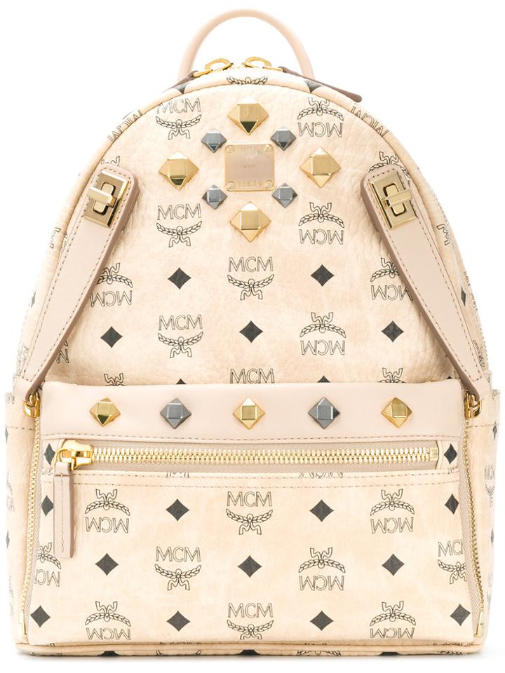 Mcm Logo Printed Studded Backpack - Nude & Neutrals