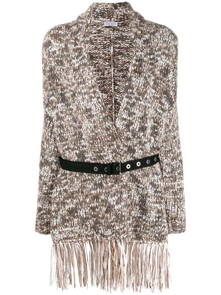 Brunello Cucinelli Belted Fringed Cardigan - Brown
