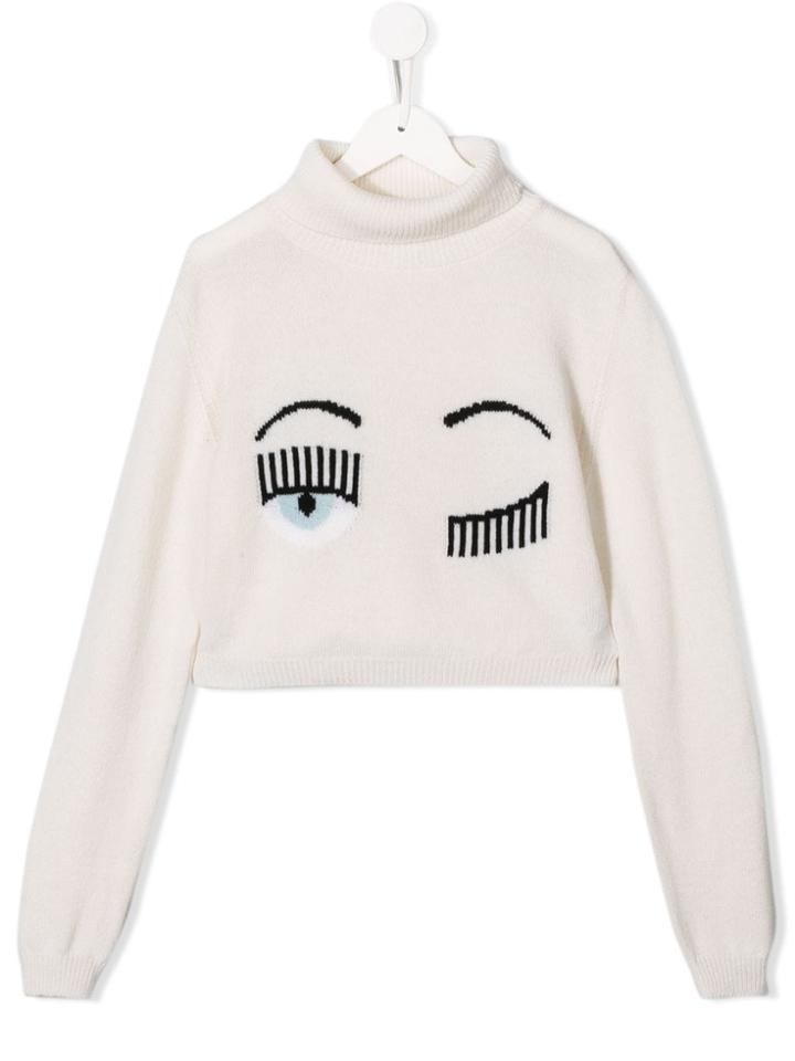 Chiara Ferragni Kids Teen Flirting Eye Cropped Jumper - White