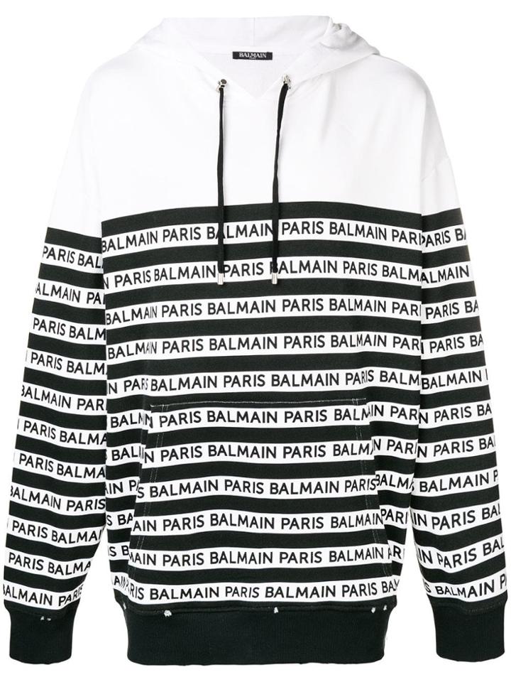 Balmain Striped Logo Hoodie - White