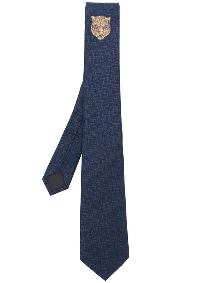 Gucci Tiger Head Embroidered Tie - Blue