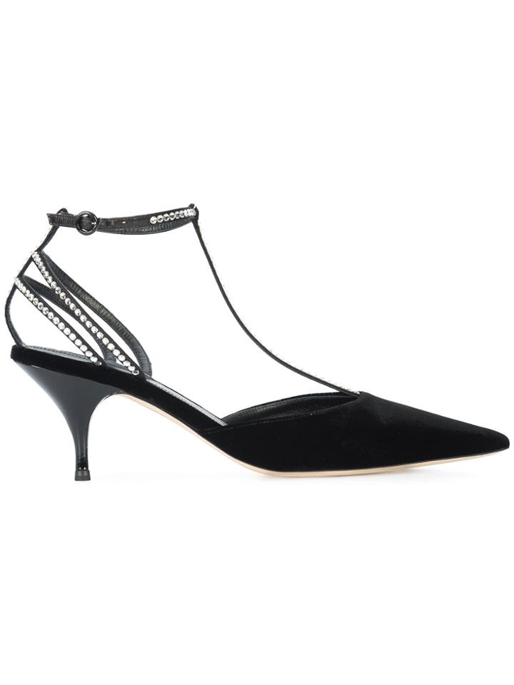 Nina Ricci Rhinestone Embellished T-strap Pumps - Black