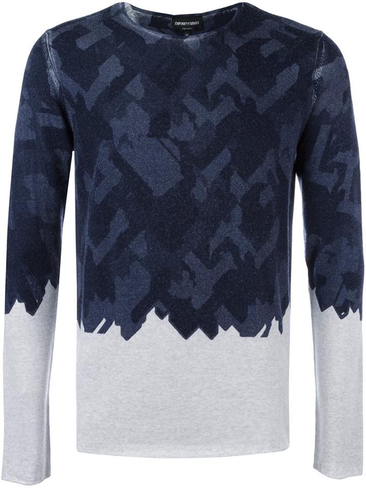 Emporio Armani Patterned Jumper, Men's, Size: 54, Blue, Virgin Wool