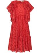 Msgm Ruffled Broderie Anglaise Midi Dress - Red