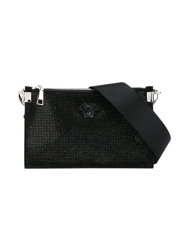 Versace - Strass Logo Plaque Clutch - Women - Leather/crystal - One Size, Black, Leather/crystal