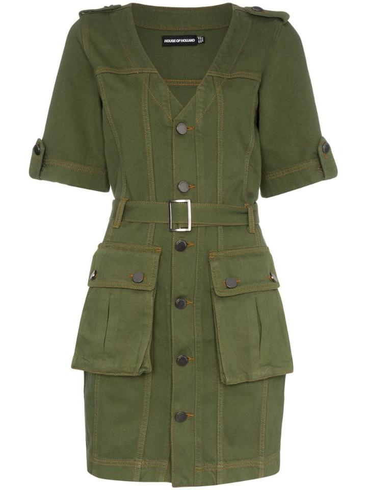 House Of Holland V Neck Belted Cotton Mini Dress - Green