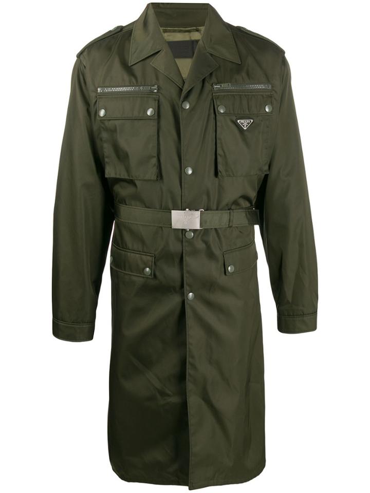Prada Belted Gabardine Coat - Green