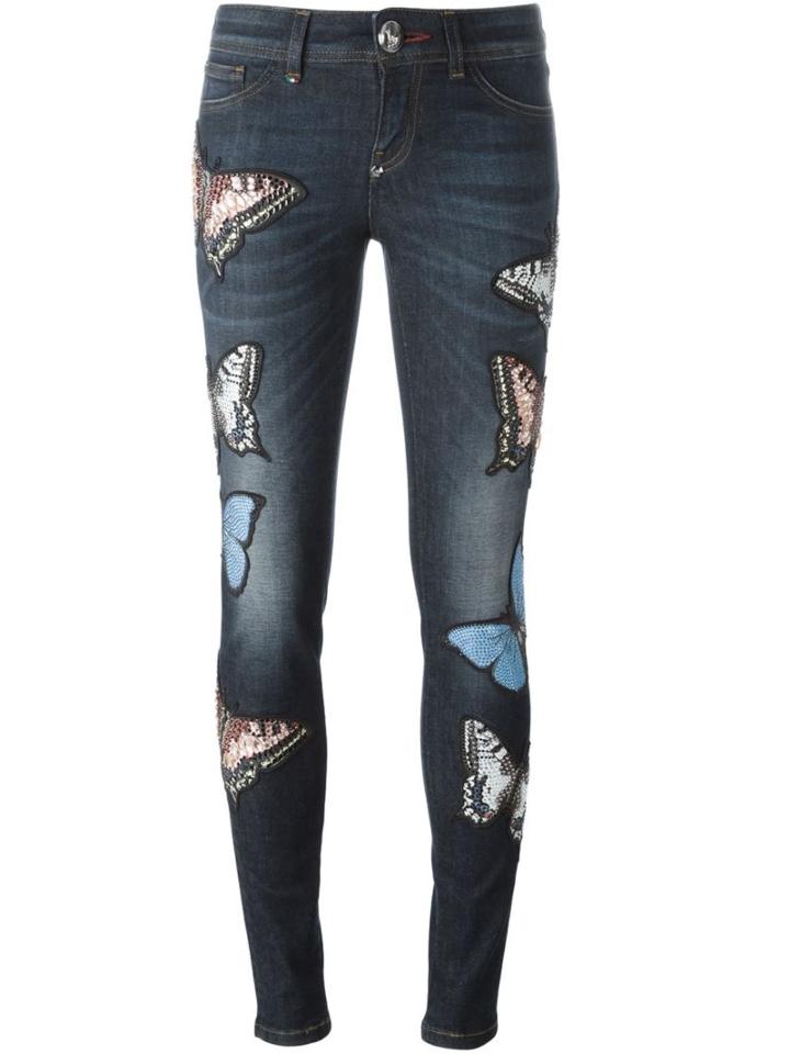 Philipp Plein Butterfly Patch Skinny Jeans, Women's, Size: 27, Blue, Cotton/spandex/elastane