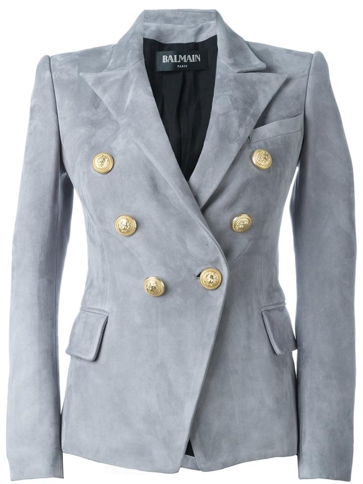 Balmain Fitted Blazer, Women's, Size: 40, Grey, Cotton/lamb Skin/viscose