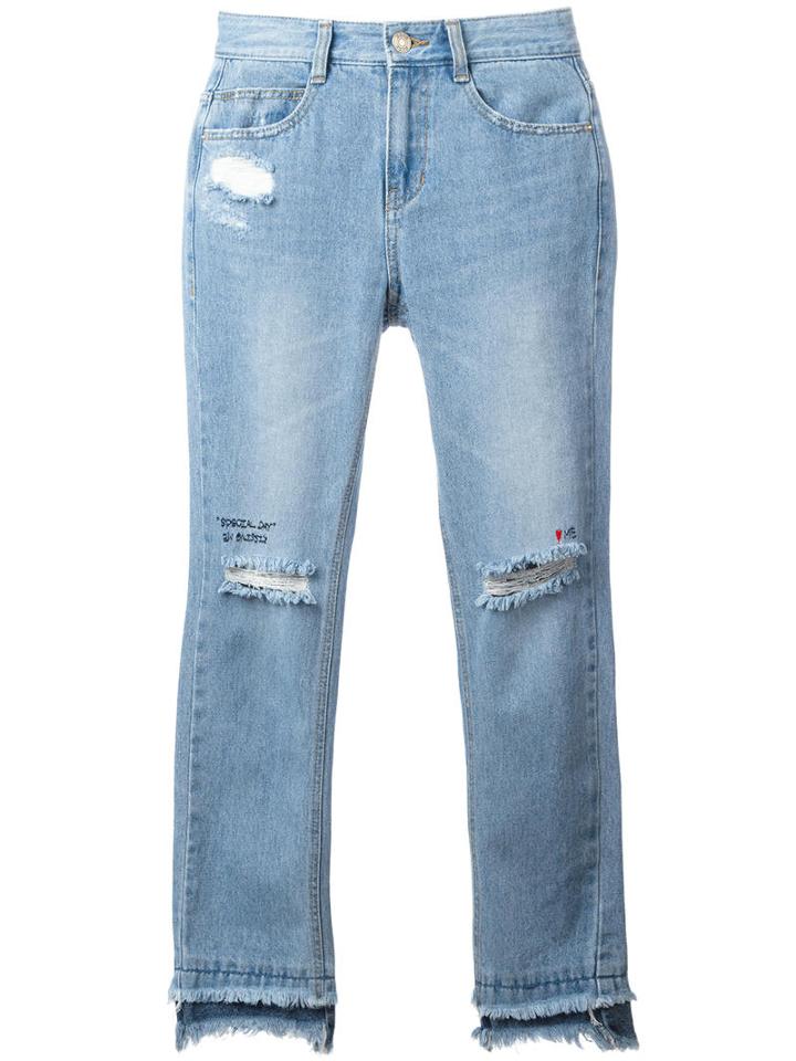 Steve J & Yoni P Distressed Cropped Jeans, Women's, Size: Medium, Blue, Cotton