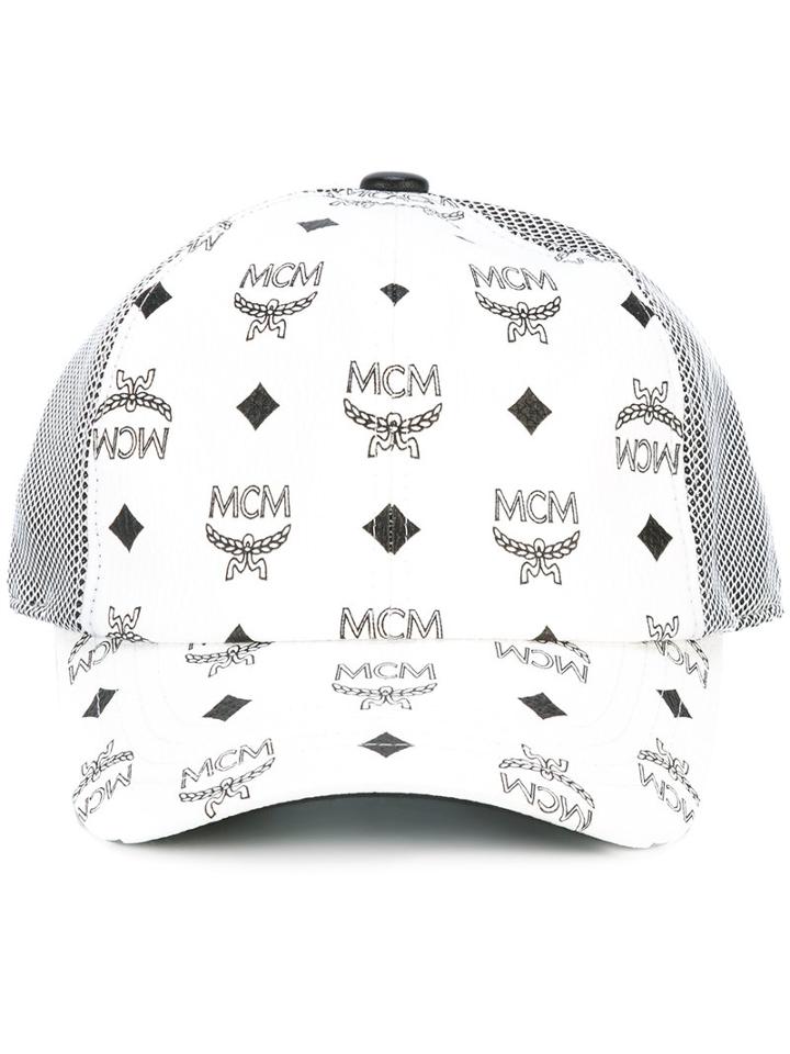 Mcm Logo Print Cap, Women's, White, Pvc/polyester