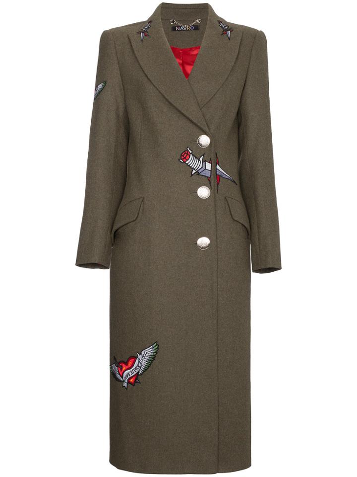 Navro Wool Coat With Embroidered Tattoos - Green