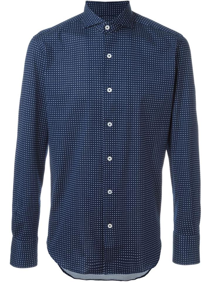 Canali Printed Button Down Shirt, Men's, Size: Small, Blue, Cotton
