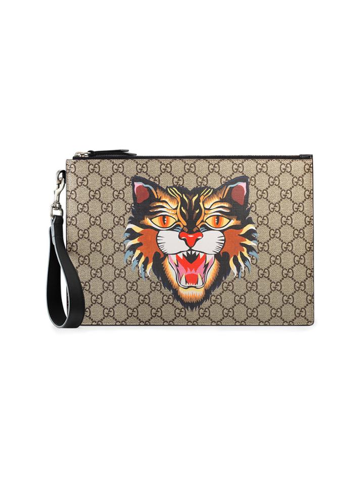 Gucci Cat Print Gg Supreme Pouch - Nude & Neutrals