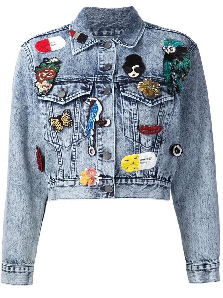 Alice+olivia Multi Patch Denim Jacket, Women's, Size: Medium, Blue, Cotton