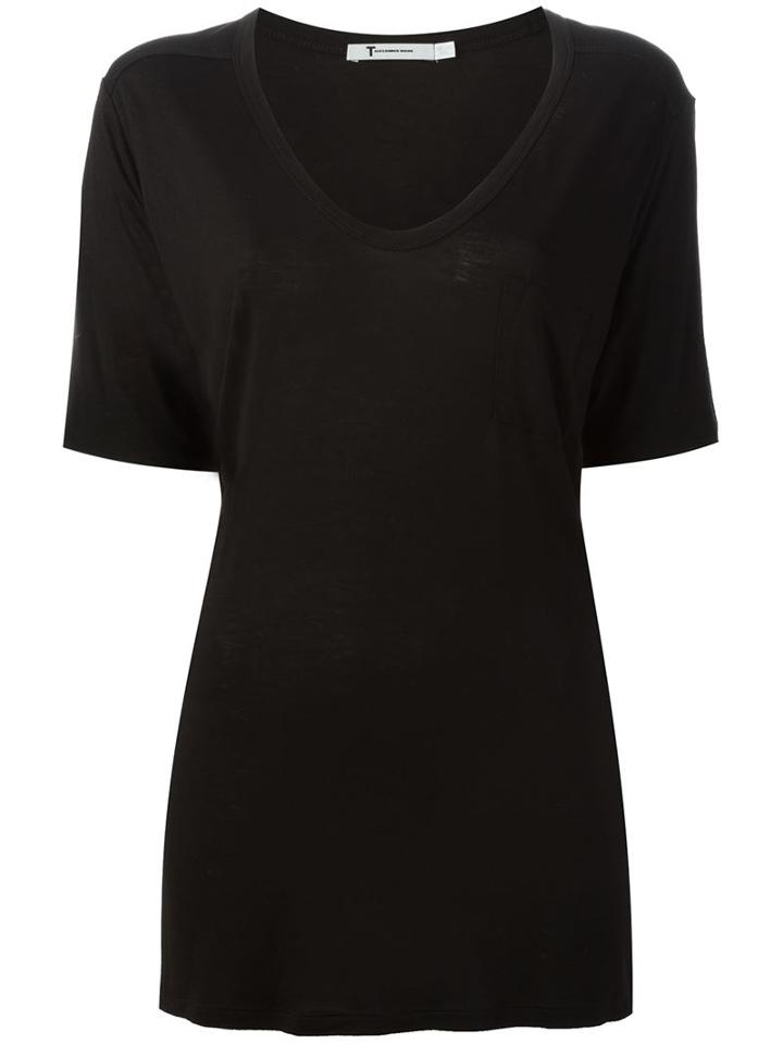 T By Alexander Wang Scoop Neck Loose Fit T-shirt, Women's, Size: Medium, Black, Rayon
