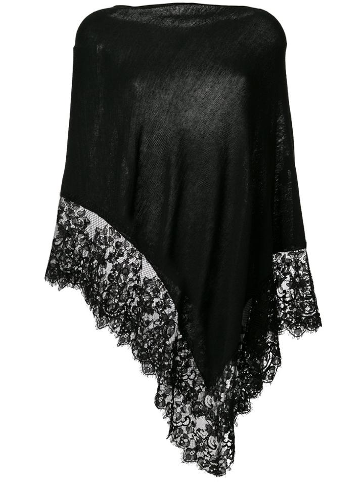 Pink Memories Scalloped Lace Trim Knitted Poncho - Black