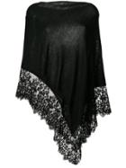 Pink Memories Scalloped Lace Trim Knitted Poncho - Black