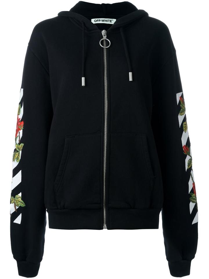 Off-white Striped 'roses' Print Hoodie, Women's, Size: Medium, Black, Cotton/polyester