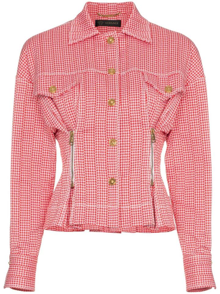 Versace Check Print Zip Detail Cropped Jacket - Red