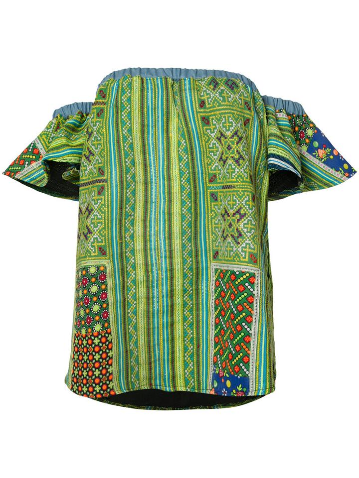 All Things Mochi Off-the-shoulder Embroidered Top, Women's, Size: Small, Green, Cotton