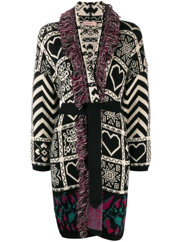 Twin-set Mix Pattern Fringe Coat - Black