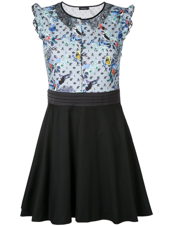 Loveless Lace Insert Bird Print Dress, Women's, Size: 34, Blue, Cotton