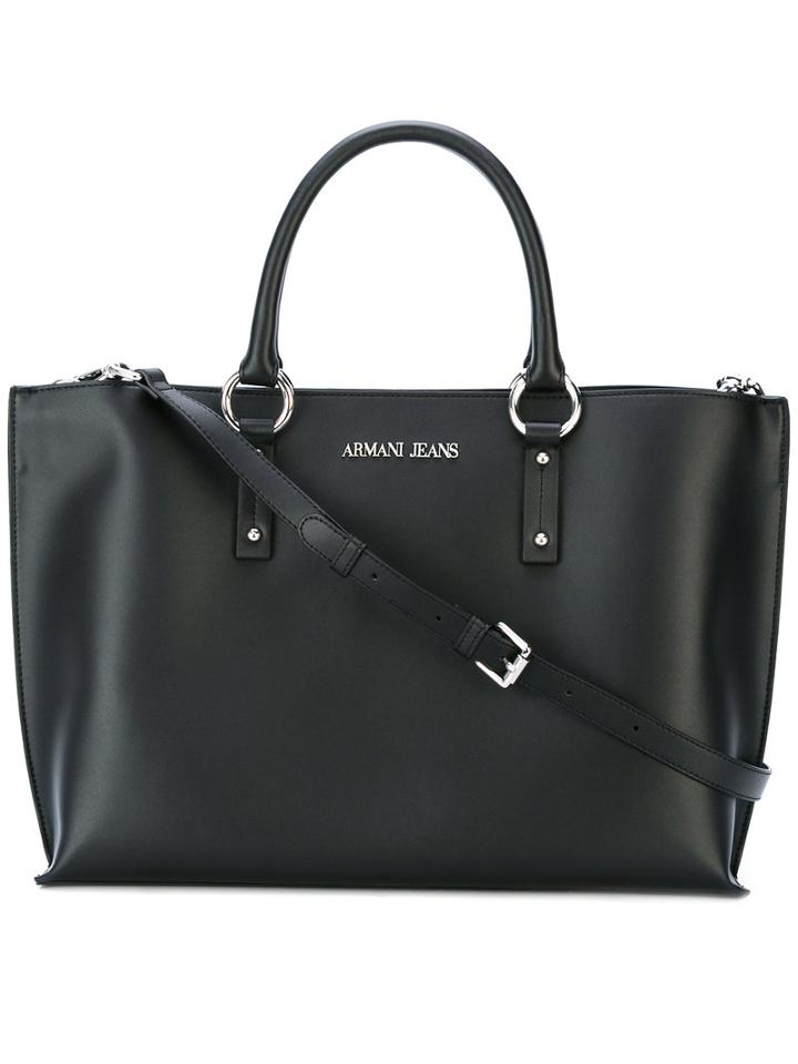 Armani Jeans - Logo Plaque Tote - Women - Leather/polyurethane - One Size, Black, Leather/polyurethane