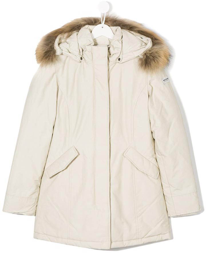 Woolrich Kids Raccoon Fur Hooded Jacket - Nude & Neutrals