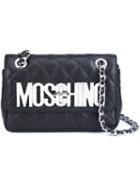 Moschino Quilted Logo Plaque Shoulder Bag, Women's, Black, Calf Leather