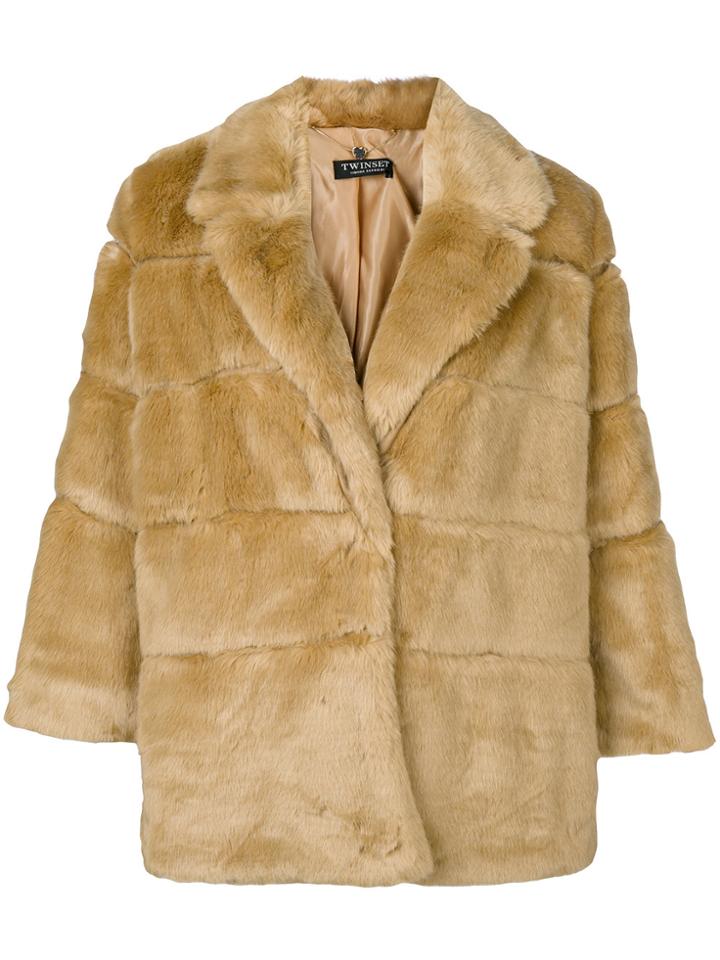 Twin-set Cropped Faux Fur Coat - Nude & Neutrals