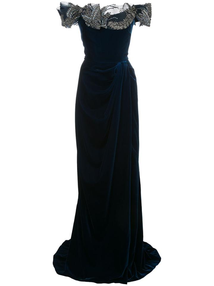 Marchesa Off The Shoulder Velvet Evening Gown - Blue